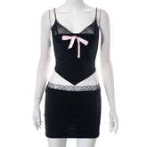 Lace hem zip-up mesh bowknot v neck backless mini skirt set
